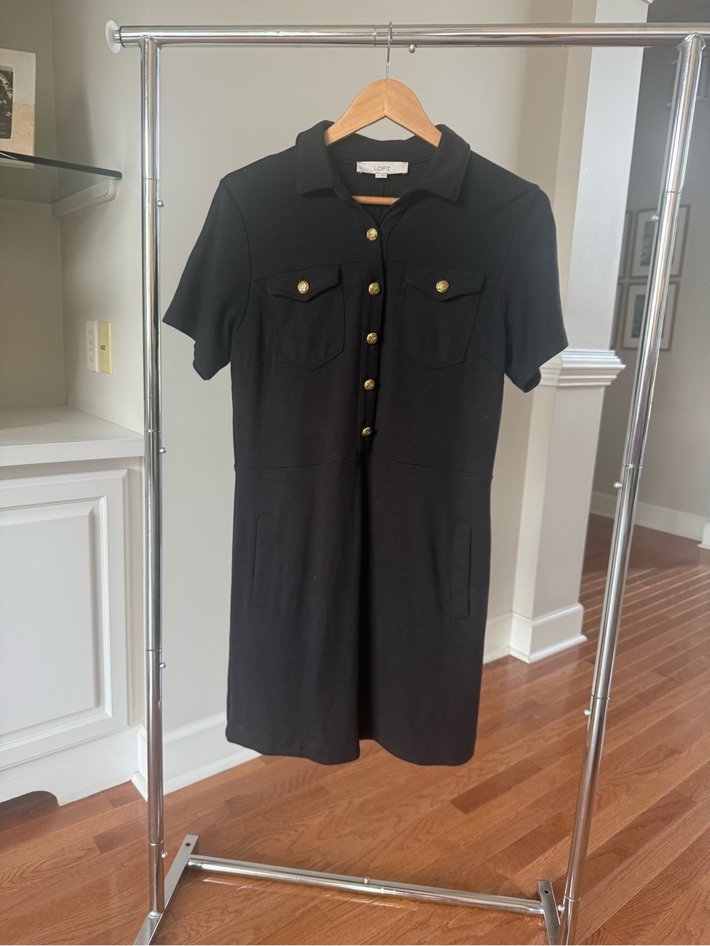 LOFT Black Short-Sleeve Collared Dress with Gold Buttons